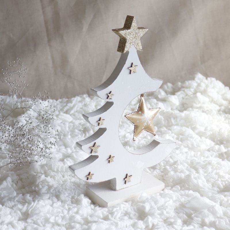 【 MNM 】ウッドツリー　木製クリスマスツリー　H21cm　ホワイト　ゴールド 星　スター